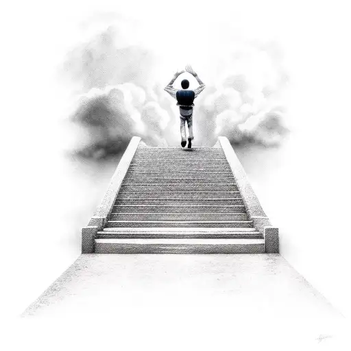 a man walking up the stairs of heaven with 2 boys saying goodbye to him tattoo design idea