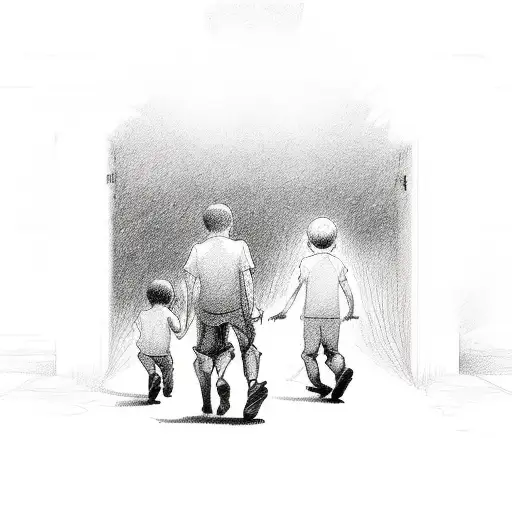 a man walking towards the gates of heaven with 2 boys watching him walk away and flowers around the 2 boys feet tattoo design idea