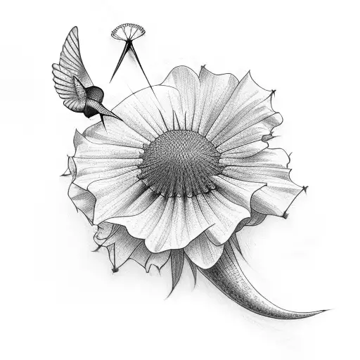 hummingbird, dandelions, rose tattoo design idea