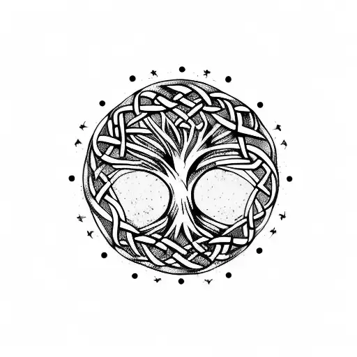 A tree of life mixed with a web of wyrd. Above the tree in letters resembling celtic runes "XABI". Below in the same let tattoo design idea