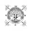 A tree of life mixed with a web of wyrd. Above the tree in letters resembling celtic runes "XABI". Below in the same let tattoo design idea