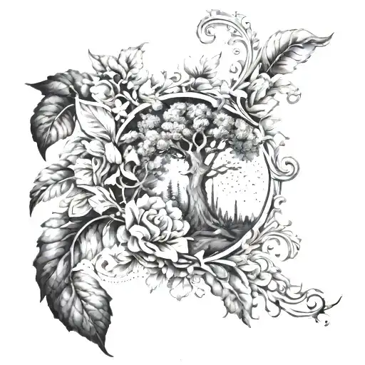 A surreal tattoo combining elements of Baroque art with natural elements like trees and flowers tattoo design idea