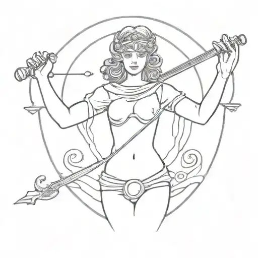 Themis in a mantle with scales and a sword in her hands tattoo design idea