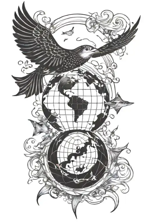 globe surrounded by a fish and an eagle ray gracefully swimming tattoo design idea