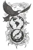 globe surrounded by a fish and an eagle ray gracefully swimming tattoo design idea