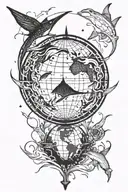 globe surrounded by a fish and an eagle ray gracefully swimming tattoo design idea