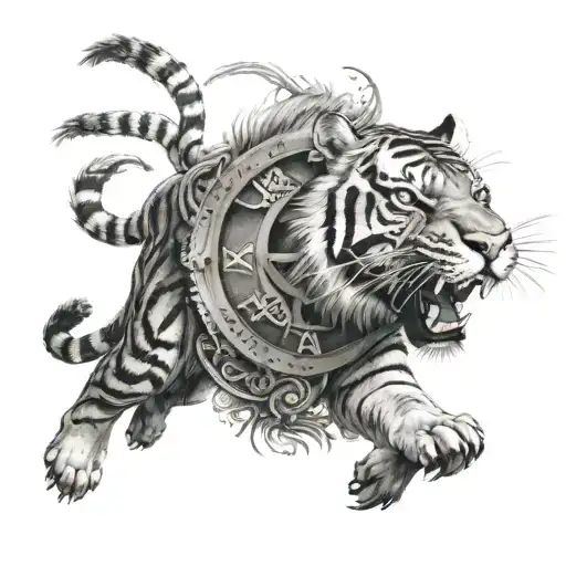 clock an tiger roaring lion tattoo design idea