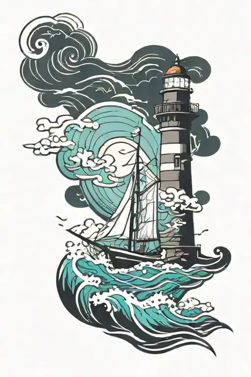 lighthouse sail boat in front on rough sea during storm night tattoo design idea
