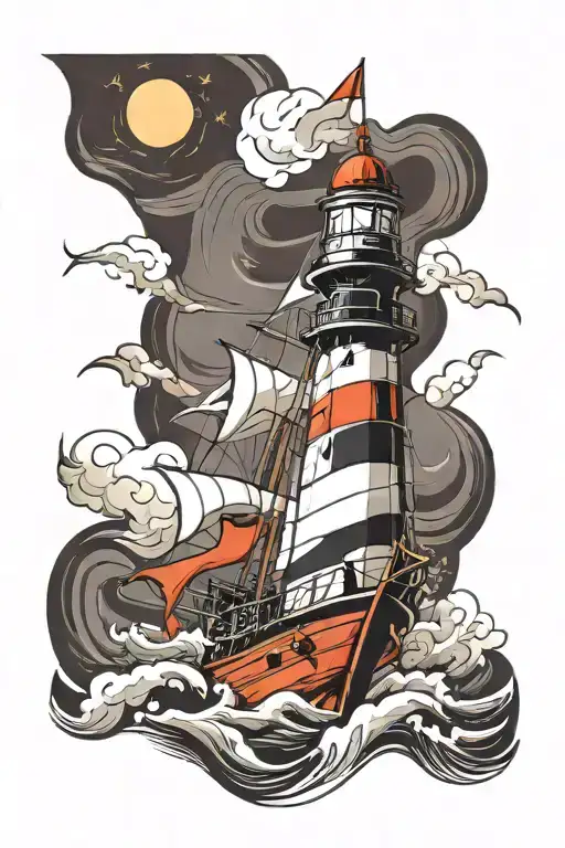lighthouse sail boat on rough sea sailing to port during storm night tattoo design idea