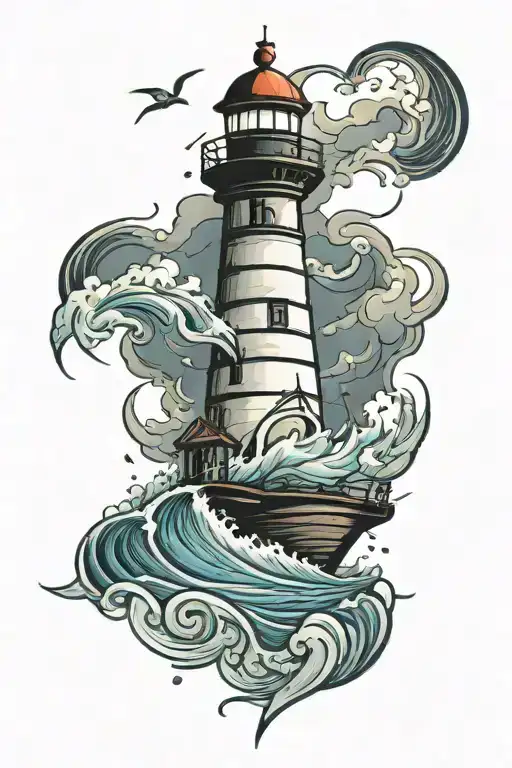 lighthouse small sailboat sailing on rough sea from far during storm night tattoo design idea