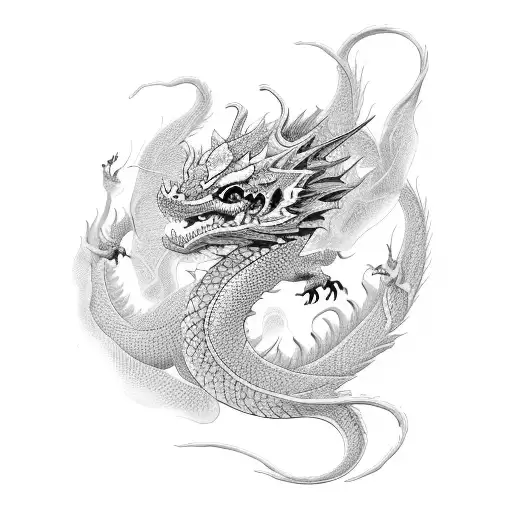On the arm, an elegant dragon is depicted in the style of sumi-e, created with nuances of gray and black to impart myste tattoo design idea