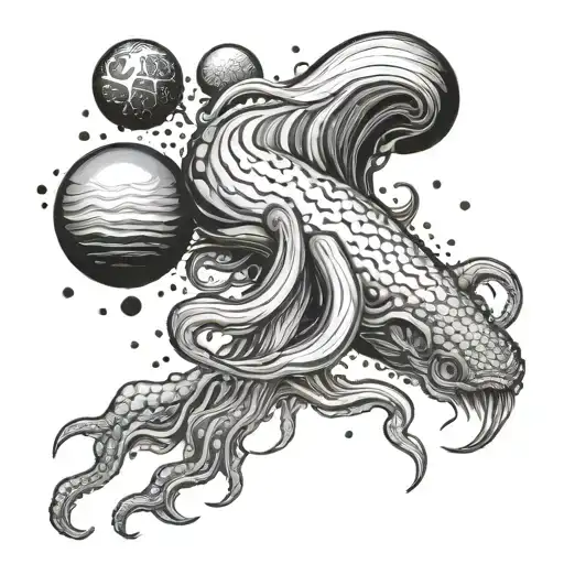 Planets orbiting around a giant squid in outer space tattoo design idea