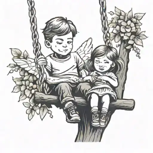 a little girl on a tree swing with her dad's Angel  swinging her and keeping her safe tattoo design idea