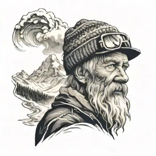 Alaskan mountain scene with a salty old man winter wearing a beanie blowing and avalanche down  tattoo design idea