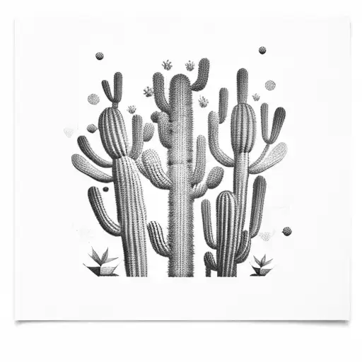 An intricate design of a vintage gas pump surrounded by blooming desert cacti tattoo design idea