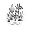 An intricate design of a vintage gas pump surrounded by blooming desert cacti tattoo design idea