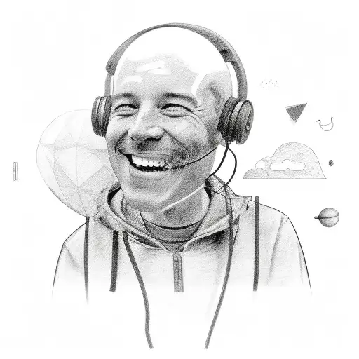 A delicate black and grey sketch of a person smiling while surrounded by various objects that represent different hobbies and passions tattoo design idea