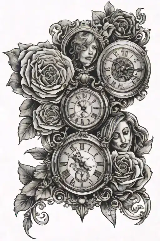 3 portraits with 3 time pieces falling with memories in the background tattoo design idea