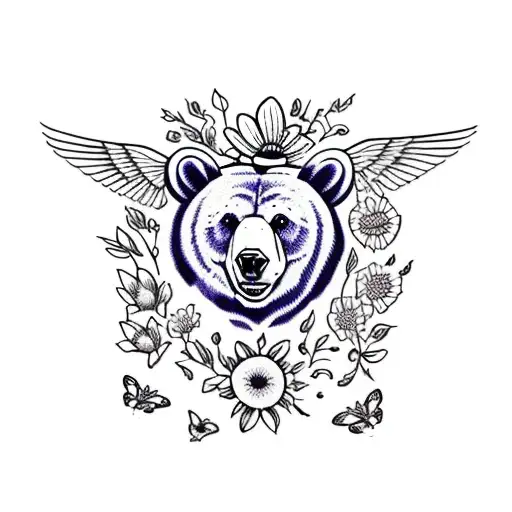 1 bear sitting in field of wildflowers holding a purple lily with butterflies flying around  tattoo design idea