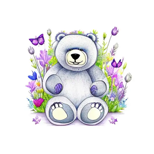 1 cuddly bear sitting in a field of wildflowers holding a purple lily with butterflies  tattoo design idea