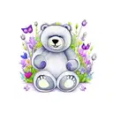 1 cuddly bear sitting in a field of wildflowers holding a purple lily with butterflies  tattoo design idea