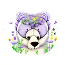 1 cuddly bear sitting in a field of wildflowers holding a purple lily with butterflies  tattoo design idea