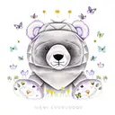1 cuddly bear sitting in a field of wildflowers holding a purple lily with butterflies  tattoo design idea