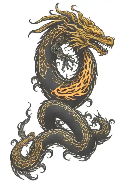 Phoenix rising from a tree intertwined with fire breathing dragon tattoo design idea