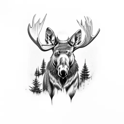 moose in forest hunted by wolf and watched by raven tattoo design idea