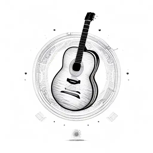 fine line guitar to go on bicep that includes heart, musical note tattoo design idea