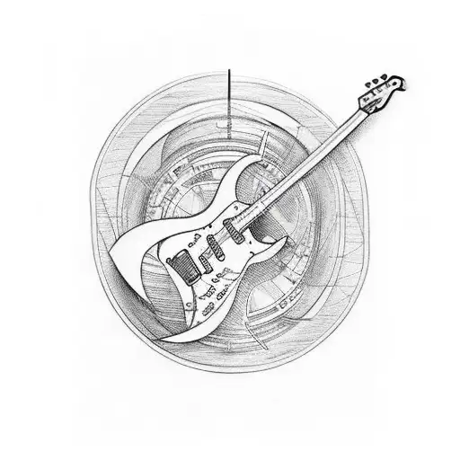 fine line electric guitar to go on bicep sleeve that includes heart, musical notes love  tattoo design idea