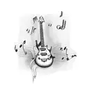 fine line guitar to go on bicep that includes heart, musical note tattoo design idea