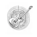 fine line electric guitar to go on bicep sleeve that includes heart, musical notes love  tattoo design idea