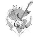 fine line electric guitar to go on bicep sleeve that includes heart, musical notes love  tattoo design idea