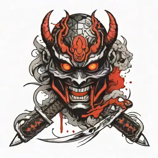 oni mask with a katana and a black mamba tattoo design idea