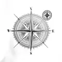 A compass rose surrounded by mountain peaks and city skylines tattoo design idea