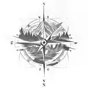 A compass rose surrounded by mountain peaks and city skylines tattoo design idea