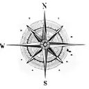 A compass rose surrounded by mountain peaks and city skylines tattoo design idea