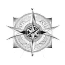 A compass rose surrounded by mountain peaks and city skylines tattoo design idea