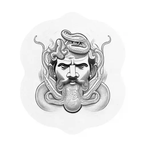 greek good face on left side of chest and on the right side a snake uprisings from my hand tattoo design idea