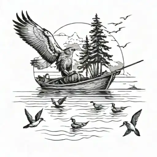 A black-grey tattoo featuring a hunter in a boat on a peaceful lake, with ducks flying overhead and cypress trees in the background tattoo design idea
