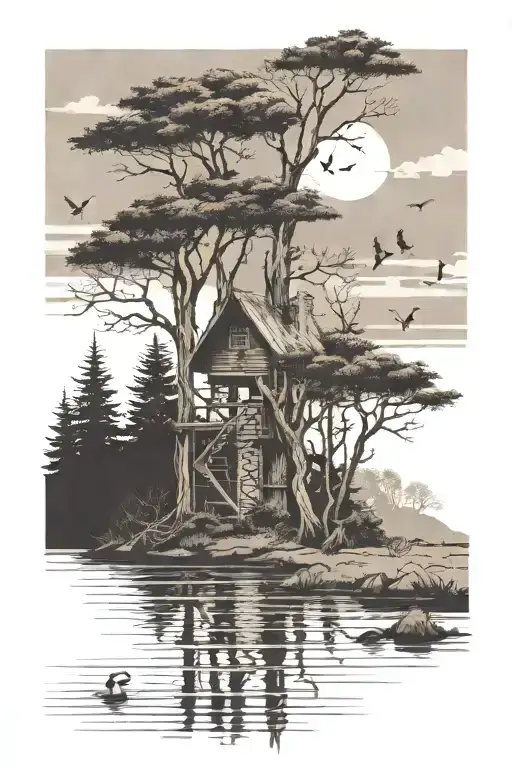 cypress trees with a deer stand on one tree with ducks flying over top with a cross in there and a small stream tattoo design idea