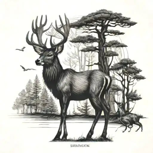 A detailed blackwork tattoo of a majestic buck standing in a cypress forest, with ducks flying overhead and a hunting cross incorporated into the design tattoo design idea