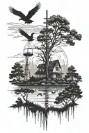 ducks flying over cypress trees with a deer stand on one of the trees and a cross in sky somewhere  tattoo design idea