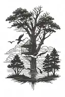 ducks flying over cypress trees with a deer stand on one of the trees and a cross in sky somewhere  tattoo design idea