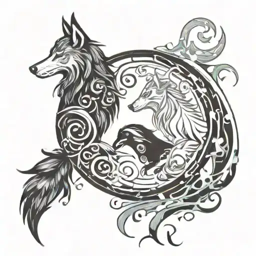 Creates a color yin and yang image but on the ying side there is a howling wolf and on the yang side there is a phoenix tattoo design idea