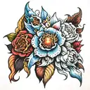 flower and ice and fire on hand holding tattoo design idea