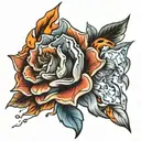 flower and ice and fire on hand holding tattoo design idea