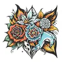 flower and ice and fire on hand holding tattoo design idea
