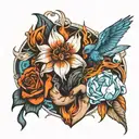 flower and ice and fire on hand holding tattoo design idea